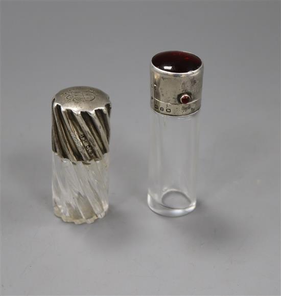 A late Victorian silver and enamel mounted glass scent bottle, Birmingham, 1898 and one other by Sampson Mordan & Co, London, 1893.
